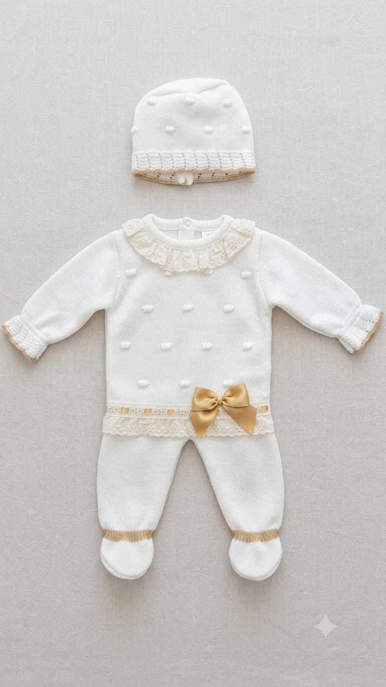 Conjunto tejido para bebé con gorrito – Blanco con lazo dorado